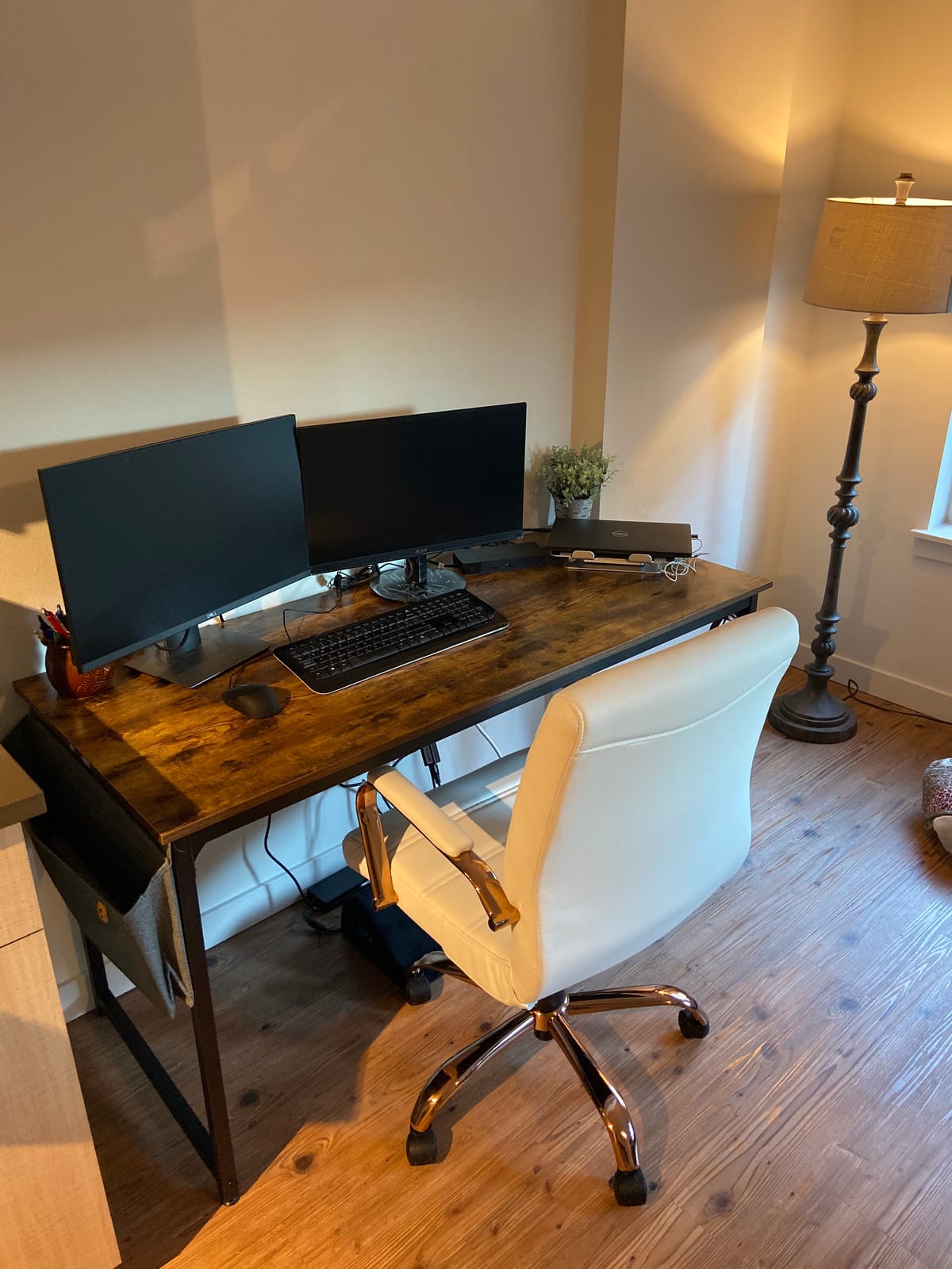CubiCubi Electric Standing Desk 48 x 24 Inch, Height Adjustable Sit Stand Desk with Memory Presets, Splice Desktop Computer Desk for Home Office, White Frame/Light Walnut Top customer photo 2