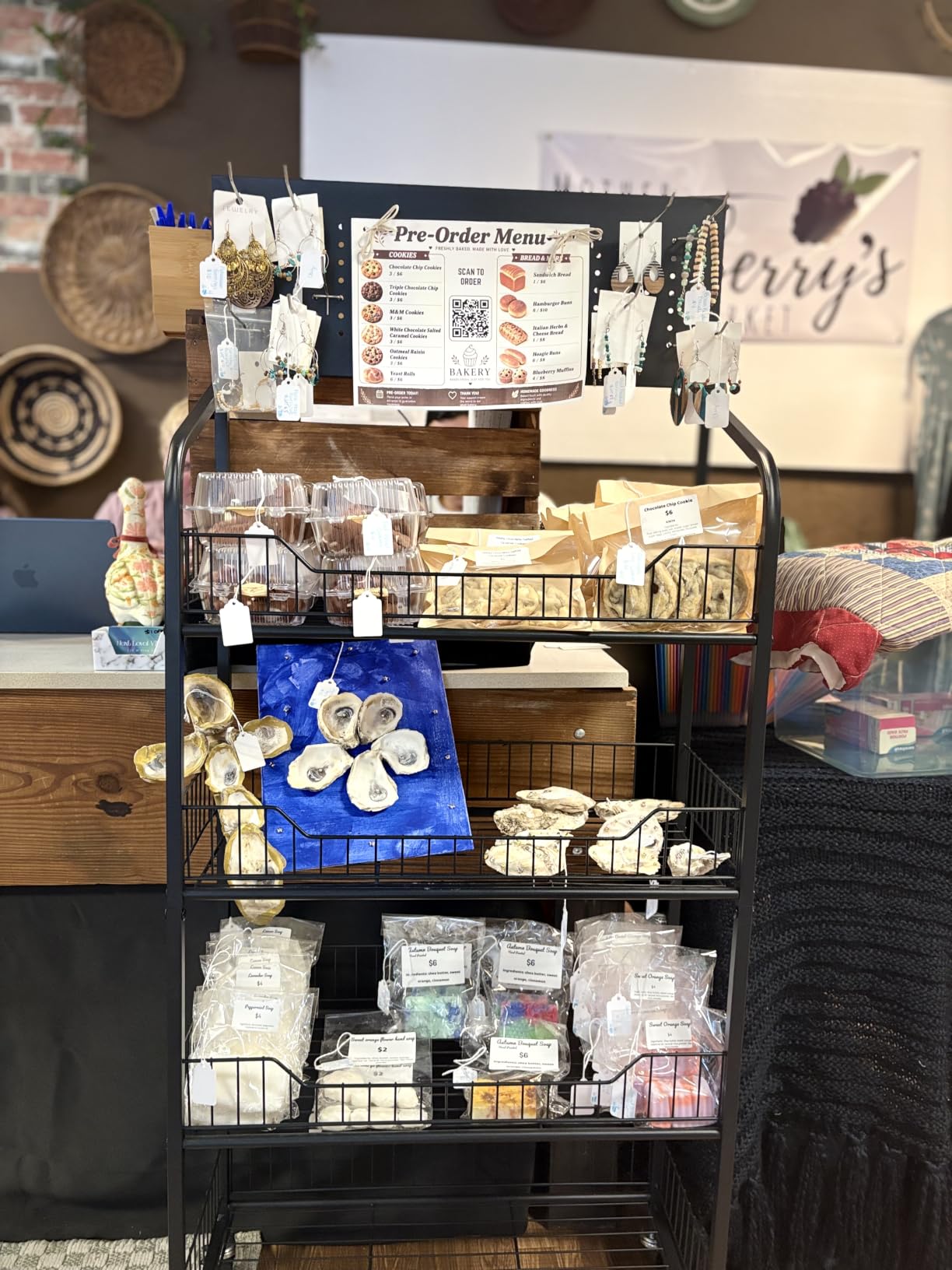 5-Tier Metal Display Rack Large Snack Shelving Unit with Hanging Panels and 12 Hooks 4 Casters for Easy Mobility Freestanding Display Unit Ideal for Supermarkets and Retail Stores (65.23H*23.8W*10.4D) customer photo 1