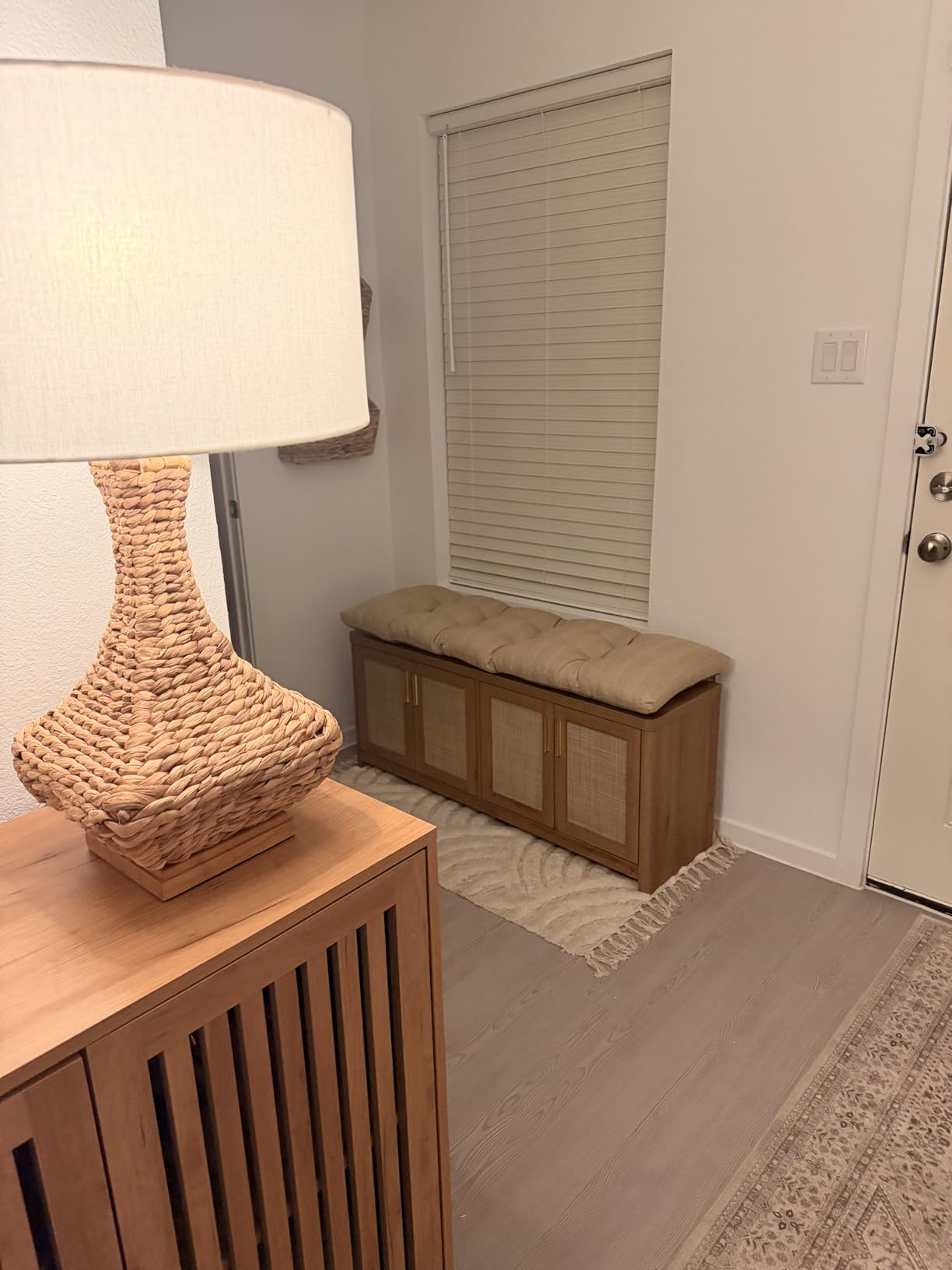 VASAGLE ELLAN Collection - Boho Shoe Bench with Cushion, Entryway Storage Bench with 4 Rattan-Look Cabinet Doors, Rounded Corners, Adjustable Shelf, for Bedroom Under Window, Natural Brown ULSB502KC01 customer photo 1