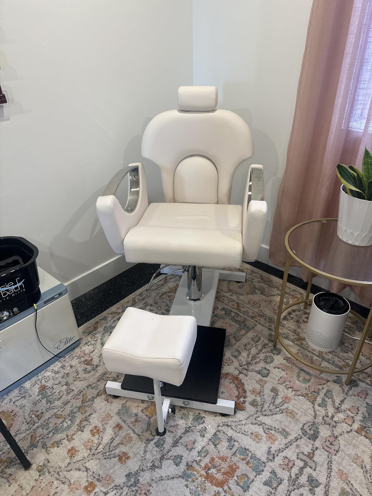 KIGOTY Pedicure Chair No Plumbing,Reclining Pedicure Station Unit with Adjustable Height and 360 Swivel,Hydraulic Foot Spa Chiar with Footrest, Pillow and Massage Foot Bath,Grey-Gold customer photo 2