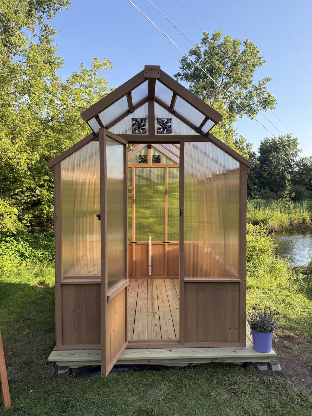 Modern Shade EverBloom 6.5'x10' Wooden Greenhouse, 8' Extra-Tall Cedar Wood Greenhouse with Built-in Outdoor Faucet Kit, Heavy Duty Greenhouse with Built-in Shelving, Power Strip & Ventilation System customer photo 1