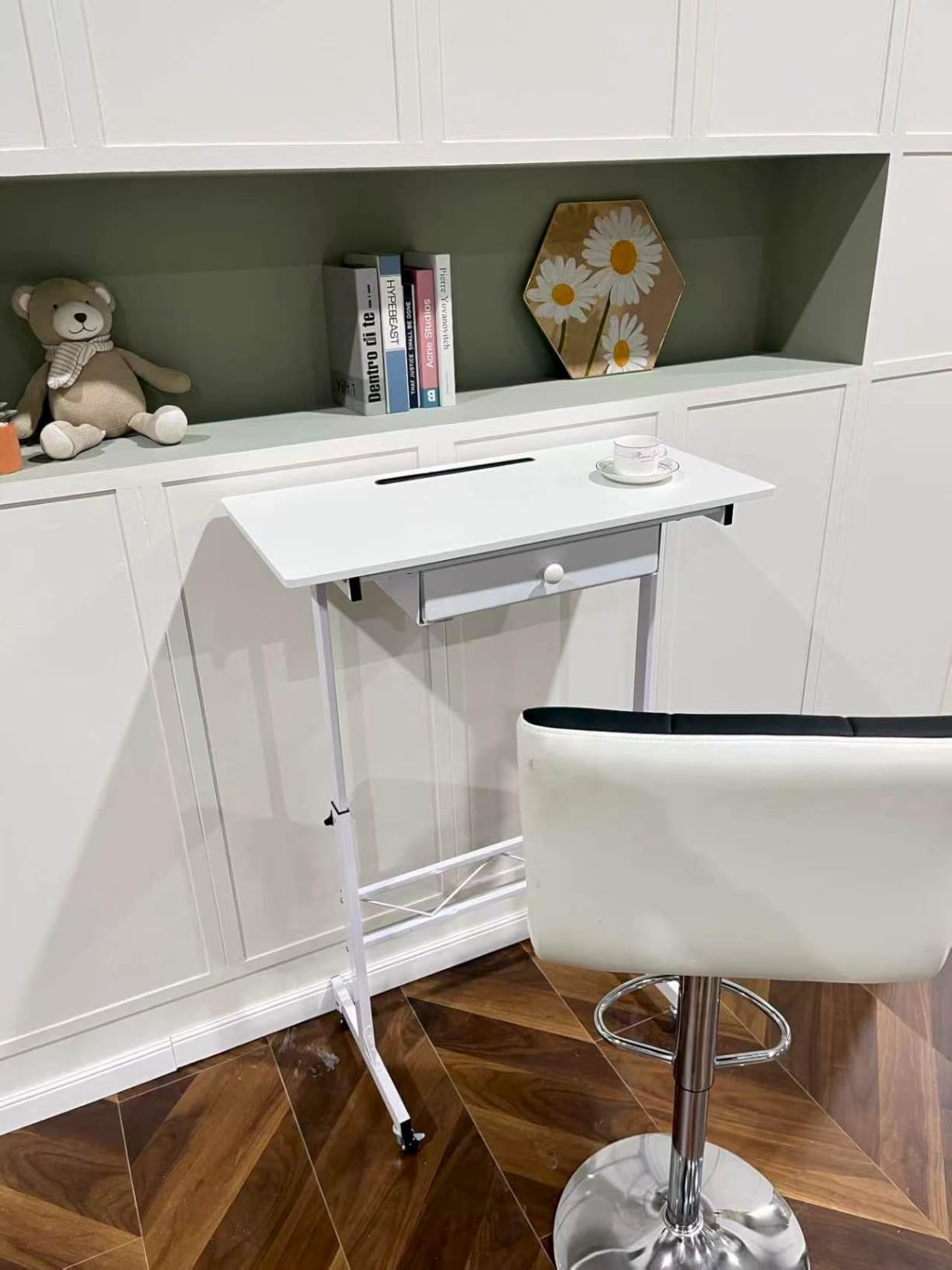 COMHOMA Small Standing Desk with Storage Drawer, Mobile Height Adjustable Rolling Sit Stand Desk with Lockable Wheels 4-Level Portable Laptop Desk for Small Space Home Office Treadmill Workstation customer photo 2