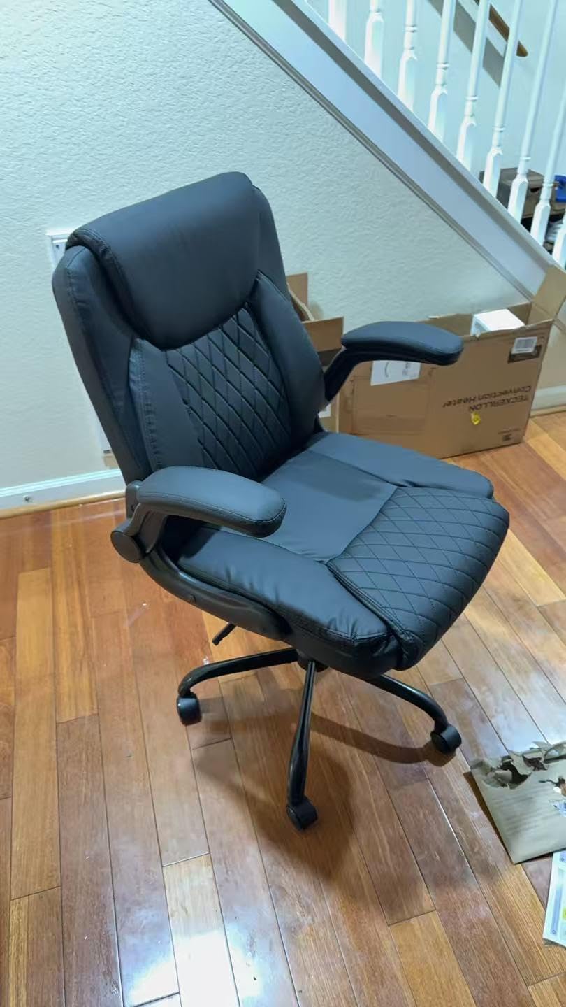 GTPOFFICE Executive Office Chair with Comfortable Lumbar Support, Ergonomic Gaming Chair with Flip-up Armrests & Zoned Pressure-Relief Cushion, Comfy PU Leather Desk Chair, Black customer photo 2