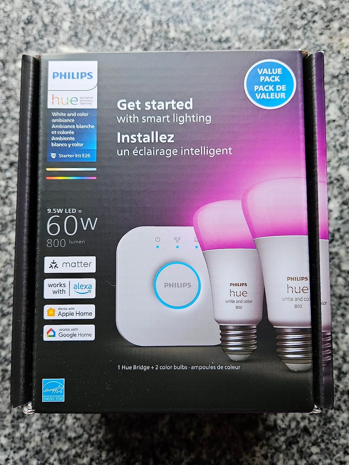 Philips Hue Smart Light Bulbs Starter Kit, 1 Bridge + 2 60W A19 Bulbs | White & Color Ambiance LED, Millions of Colors, 800 Lumens, Control with App or Voice Assistant customer photo 2