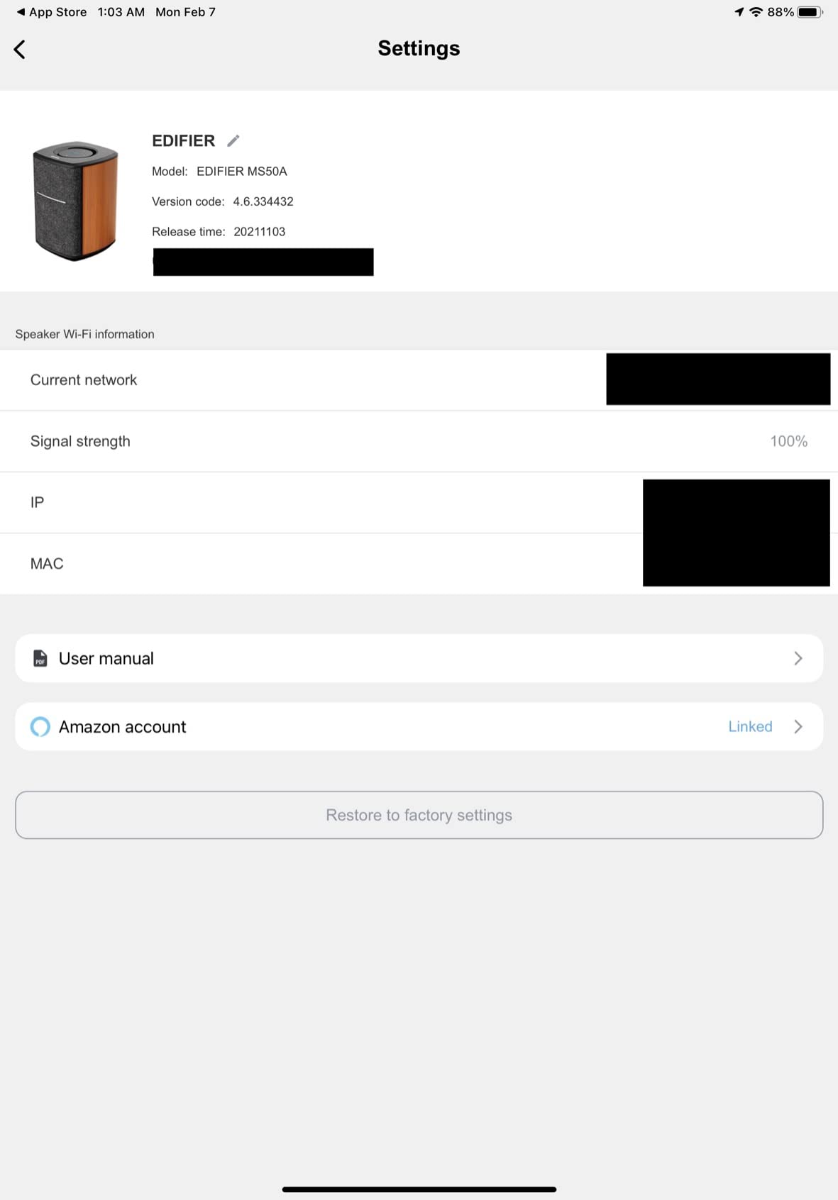 Edifier WiFi Smart Speaker Without Microphone, Works with Alexa, Supports AirPlay 2, Spotify, Tidal Connect, 40W RMS One-Piece Wi-Fi and Bluetooth Sound System, No Mic, MS50A customer photo 2