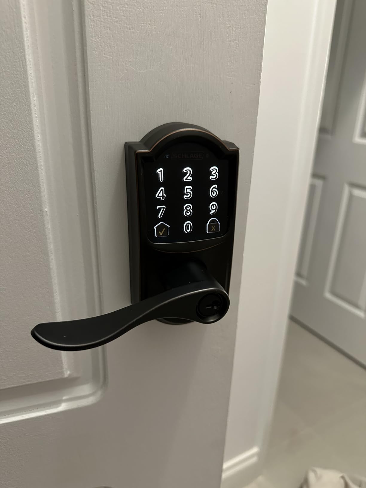 Schlage Encode Smart WiFi Lock, Lever Handle, Camelot Trim, Satin Nickel | Keyless door lock with handle, Touchscreen keypad, App control, Alexa, Google, Ring & Airbnb compatible, Certified security customer photo 1