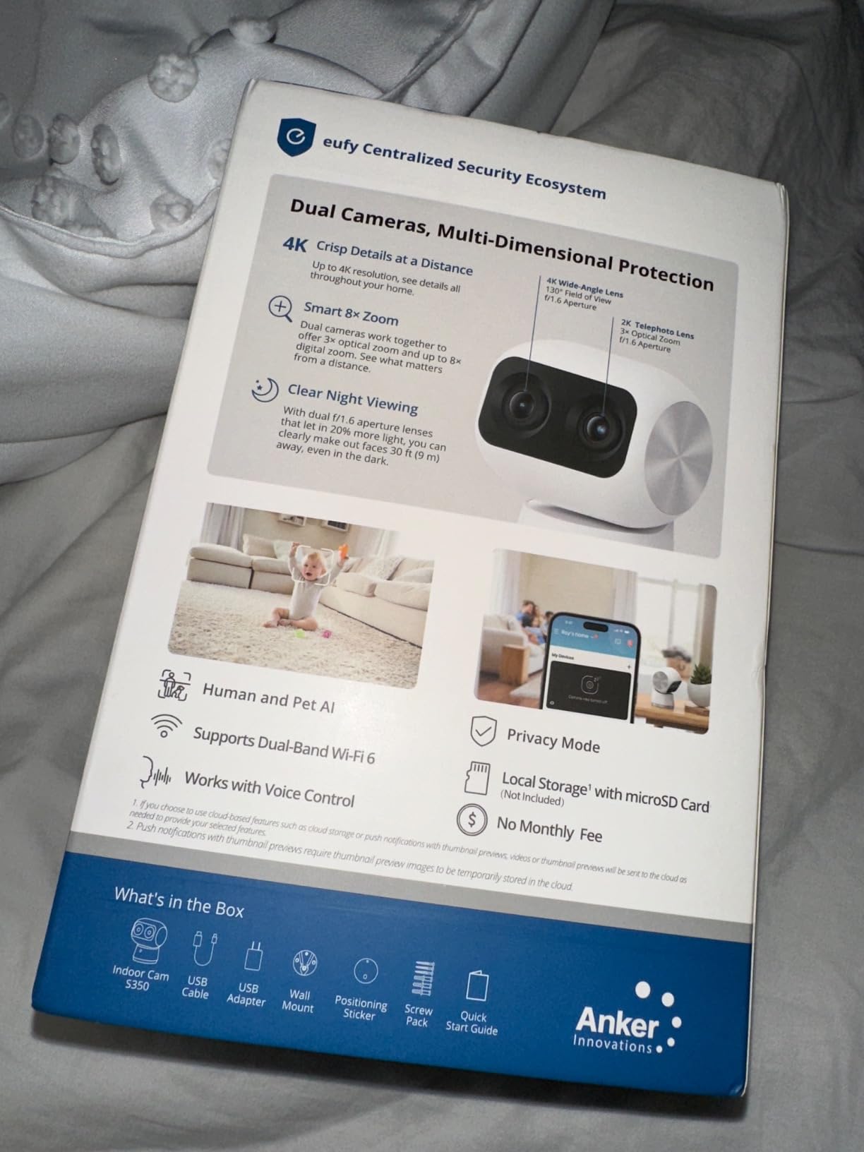 eufy Security 4K Indoor Cam S350, No Subscription, Dual Cameras, 8x Zoom | 360 Coverage, Works as a Pet Camera, Nanny/Senior/Baby Monitor, AI Auto-Tracking, Human/Pet/Cry Detection, 2.4/5 GHz Wi-Fi customer photo 1