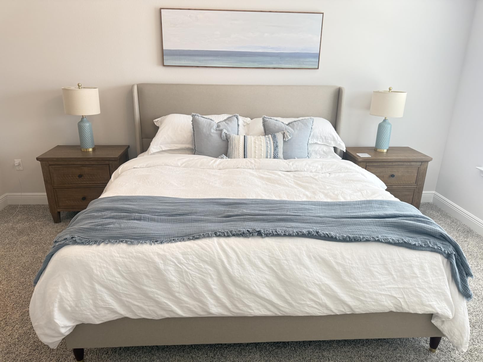 Jocisland King Size Bed Frame Tall Wingback Headboard Upholstered, Brown | Linen Tufted platform bed, Modern Style, Solid Wood Legs, Easy Assembly 30mins, No Box Spring Needed, for Family & Master Bedroom customer photo 2