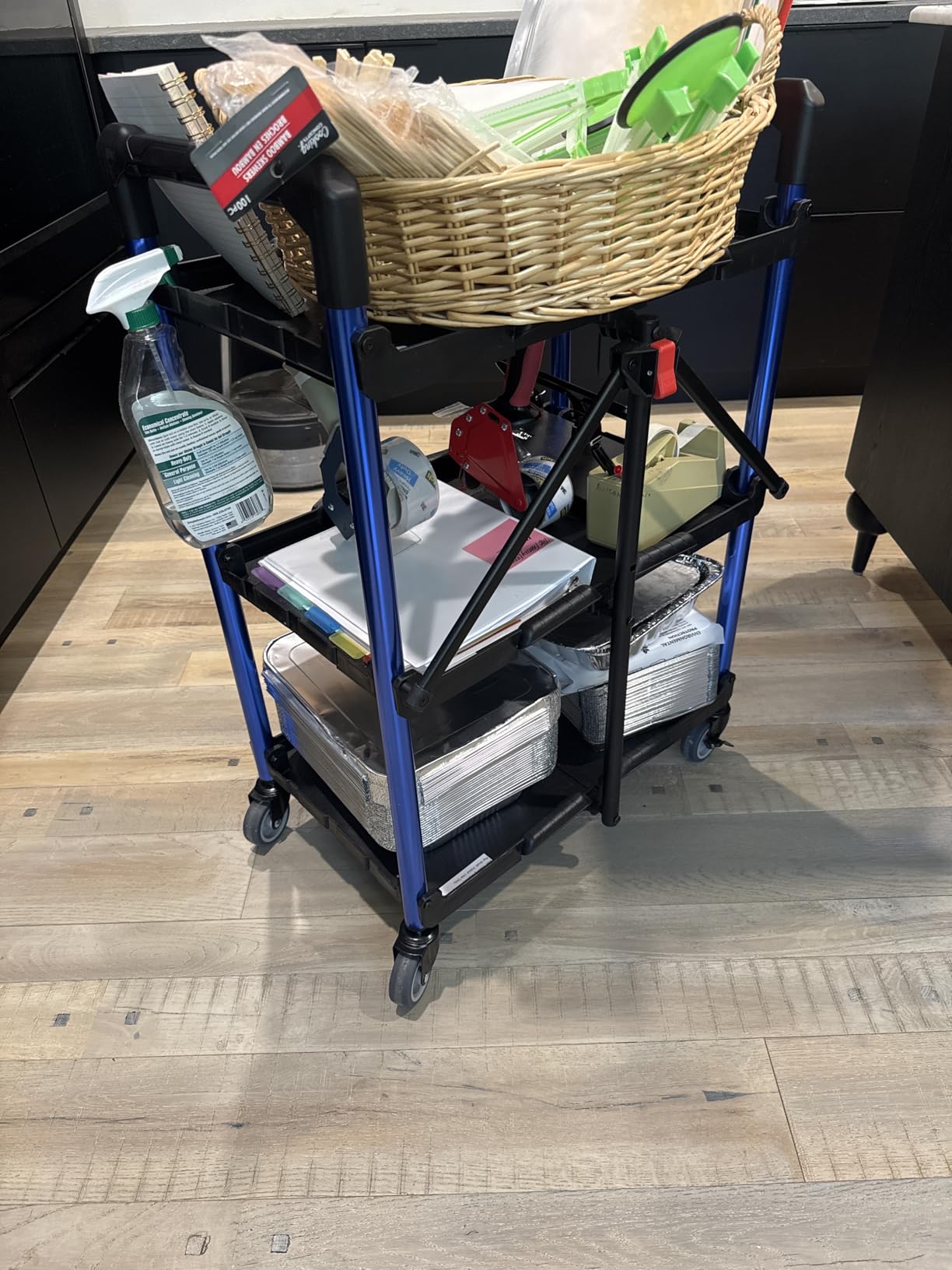 WORKPRO 3-Tier Collapsible Utility Cart, 210 LBS Cart with Wheels | No Assembly Required, Foldable Service Cart with Spacious Shelves for Garage, Warehouse, Office & Home Use, Black/Blue customer photo 2