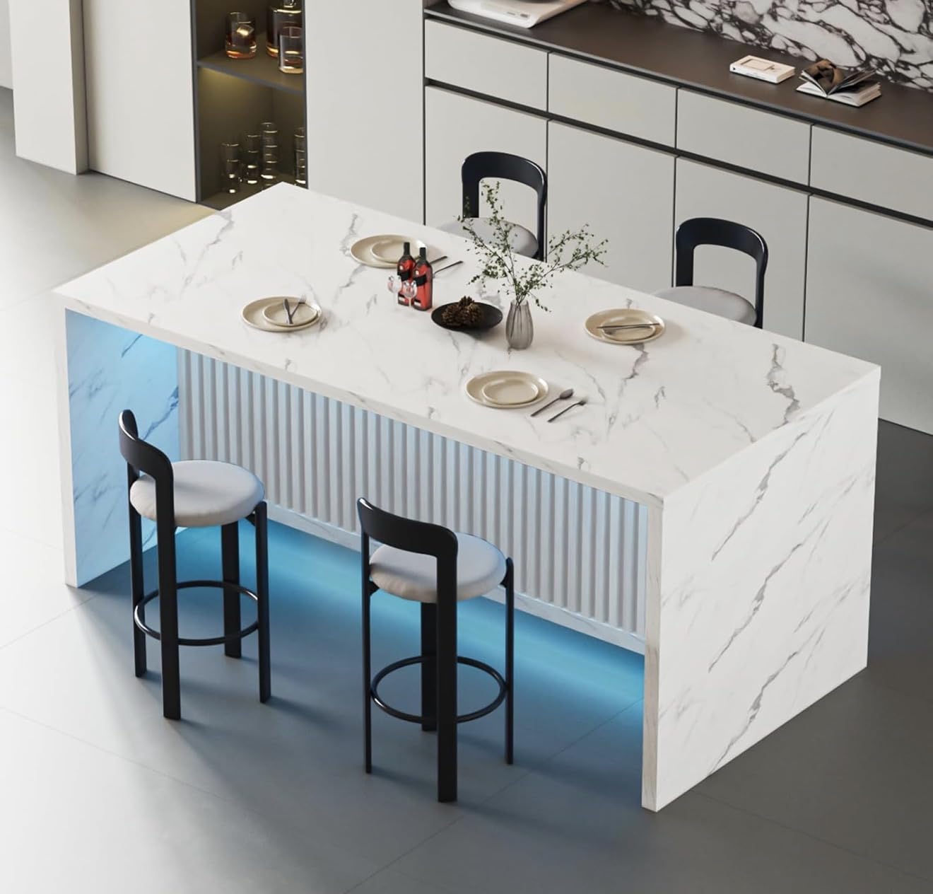 71'' Large Faux Marble Dining Table for 6 People, 37.4''H Tall Modern Kitchen Island with LED Lights, Rectangle Kitchen Dining Table for Home customer photo 1